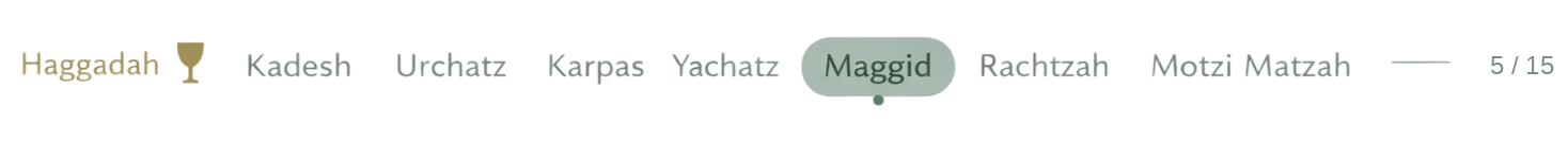 Horizontal step navigation showing Haggadah stages: Kadesh, Urchatz, Karpas, Yachatz, Maggid, Rachtzah, Motzi Matzah